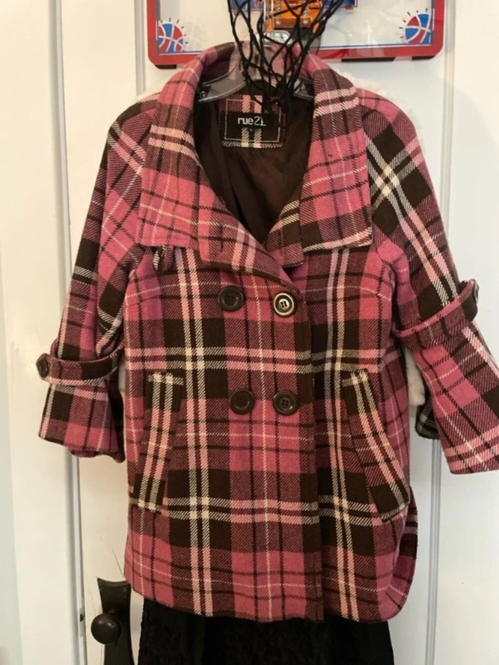 Burgundy & Brown Plaid Double-Breasted 3/4 Sleeve Peacoat — Women’s XL / US 16–1